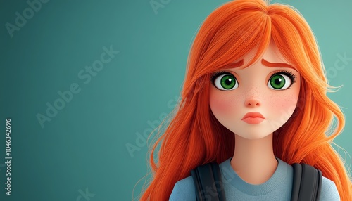 Illustration of a cute schoolgirl featuring vibrant red hair and a backpack, displaying a worried pout and expressive green eyes