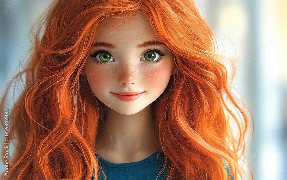 Joyful illustration of a cute girl with long red hair, big green eyes, and a cheerful expression, sporting a vibrant blue shirt Joyful illustration of a cute girl with long red hair, big green eyes, and a cheerful expression, sporting a vibrant blue shirt