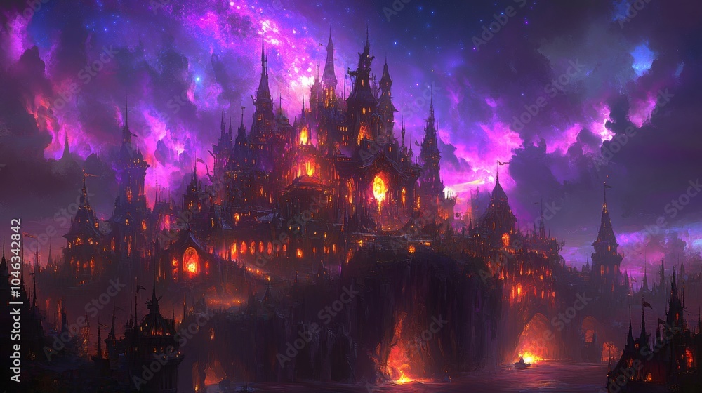 Fototapeta premium Majestic Fantasy Castle with Purple Sky and Starry Night