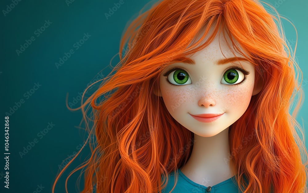 Joyful illustration of a cute girl with long red hair, big green eyes, and a cheerful expression, sporting a vibrant blue shirt Joyful illustration of a cute girl with long red hair, big green eyes, and a cheerful expression, sporting a vibrant blue shirt