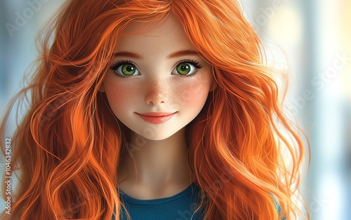 Joyful illustration of a cute girl with long red hair, big green eyes, and a cheerful expression, sporting a vibrant blue shirt