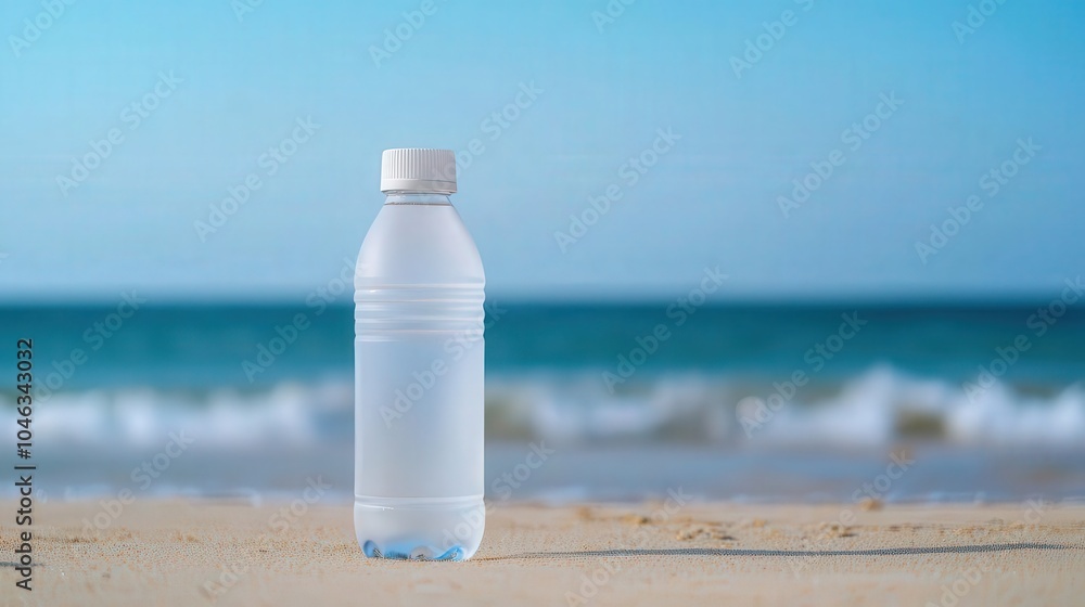Water bottle on a beach, with soft waves in the background, symbolizing relaxation and hydration, water on beach, relaxing and refreshing Water bottle on a beach, with soft waves in the background, symbolizing relaxation and hydration, water on beach, relaxing and refreshing