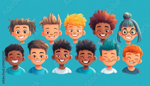 Wallpaper Mural Playful cartoon depiction of a diverse group of smiling boys, showcasing their unique hairstyles and cheerful expressions Torontodigital.ca