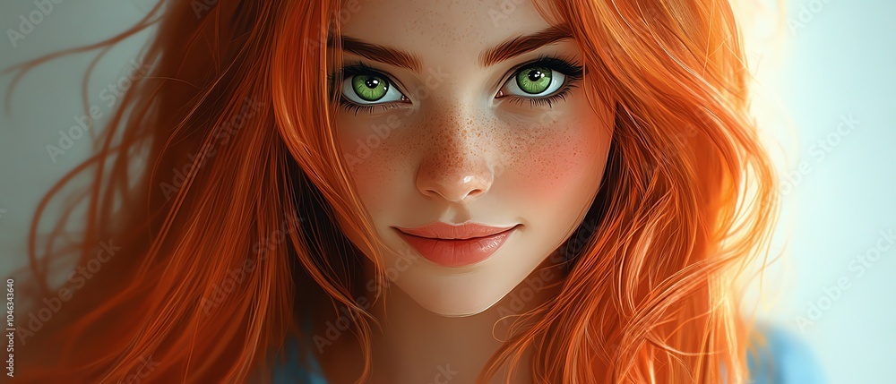 Whimsical depiction of a cheerful girl with long red hair and big green eyes, radiating positivity in a lovely blue shirt Whimsical depiction of a cheerful girl with long red hair and big green eyes, radiating positivity in a lovely blue shirt