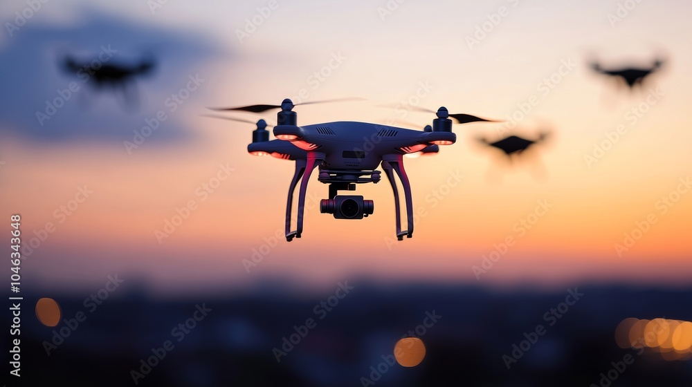 Drone Flying at Sunset with City Lights in Background Drone Flying at Sunset with City Lights in Background