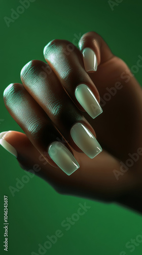 Photo of woman hand with manicure in beautiful fashion white green colors. Pretty elegant acrylic gel polish stiletto nail manicure wear armor long nails pose for spa salon web advertising branding