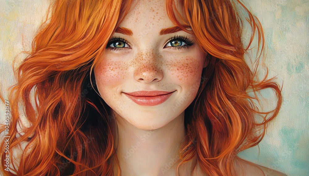 Obraz premium Whimsical portrait of a happy young woman with bright red hair and adorable freckles, capturing her positive energy in a fun illustration