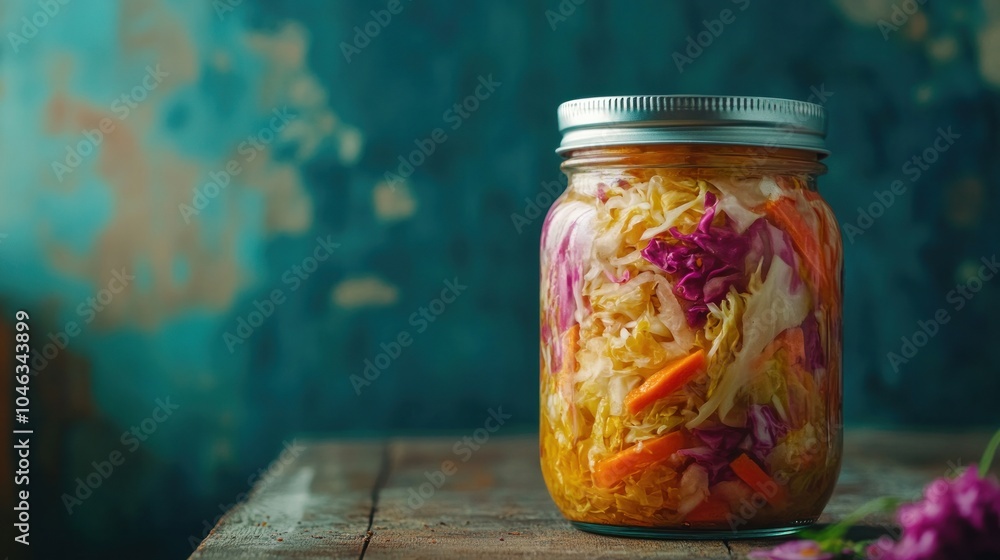 Jars for preserving sauerkraut varieties. On a wooden table, there is homemade sauerkraut with carrot and salad cabbage with beetroot. food that has undergone fermentation. Jars for preserving sauerkraut varieties. On a wooden table, there is homemade sauerkraut with carrot and salad cabbage with beetroot. food that has undergone fermentation.