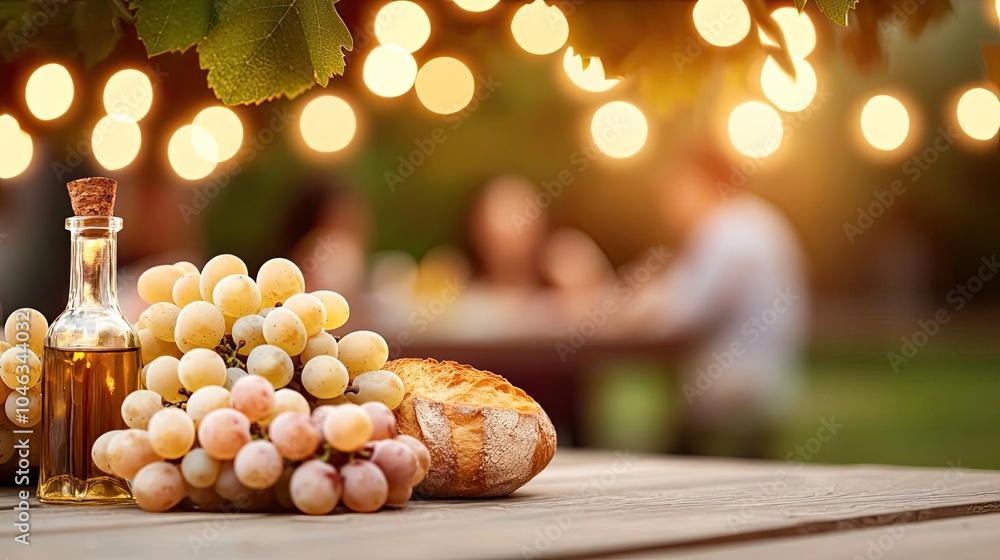 Grapes, bread, and bottle of oil on wooden table, warm ambiance with glowing lights. Grapes, bread, and bottle of oil on wooden table, warm ambiance with glowing lights.