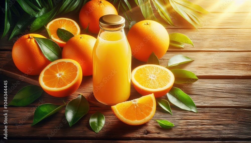 Fresh Orange Juice with Whole Oranges on Wooden Table Fresh Orange Juice with Whole Oranges on Wooden Table