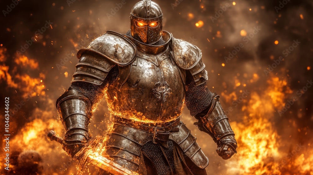 Fiery Knight in Full Armor with Sword Fantasy Illustration Fiery Knight in Full Armor with Sword Fantasy Illustration