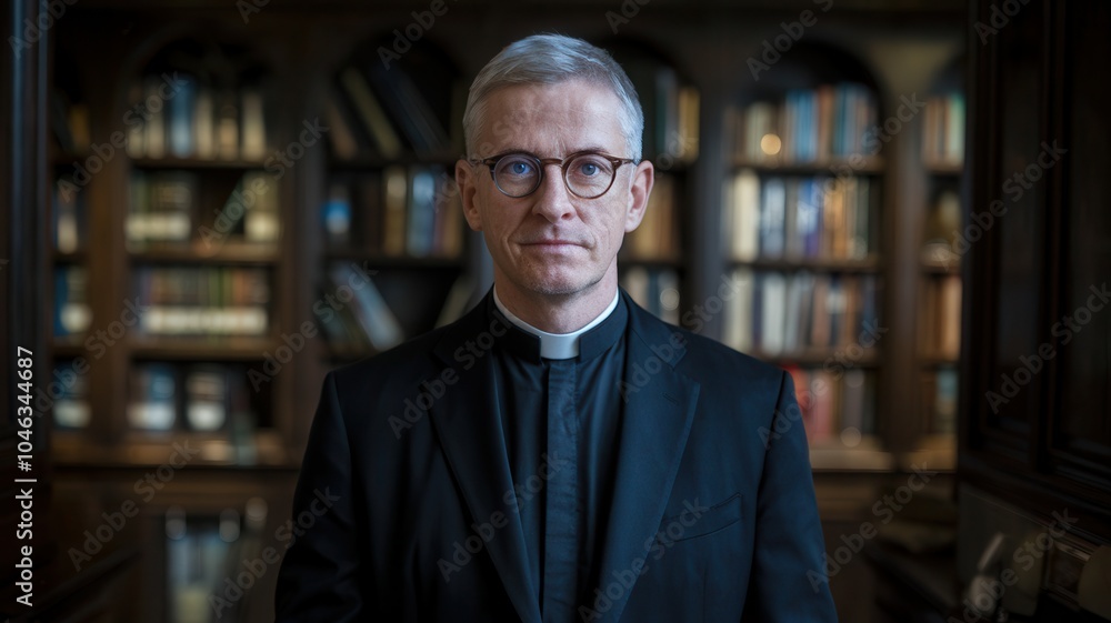 Serious expression of middle-aged priest in a study room with bookshelf background Serious expression of middle-aged priest in a study room with bookshelf background