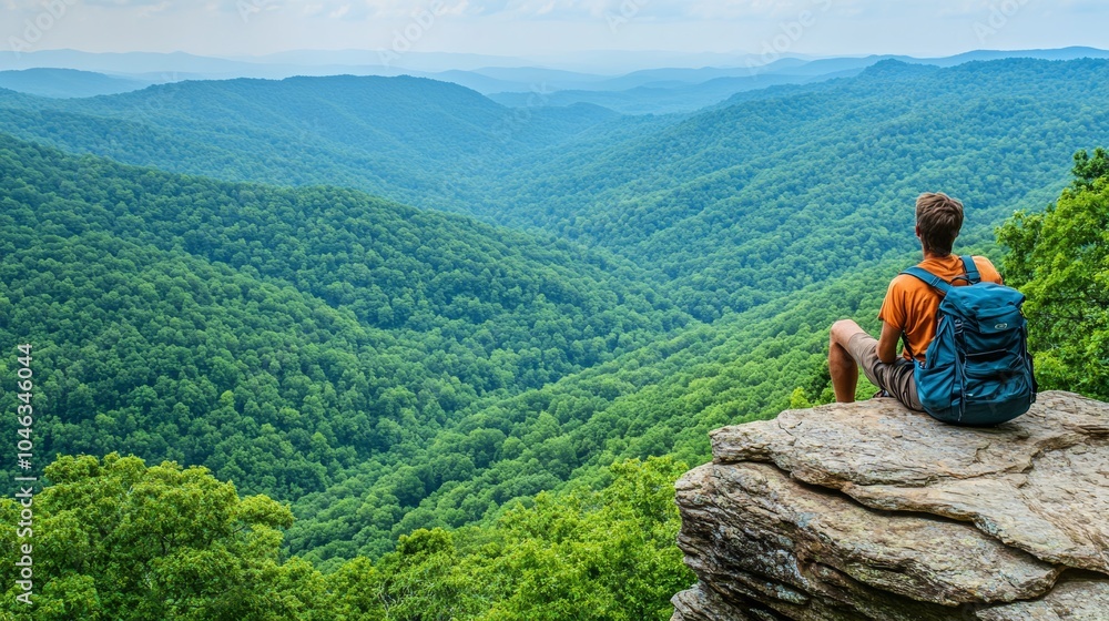 Fototapeta premium Man with Backpack on Mountaintop overlooking Valley Landscape