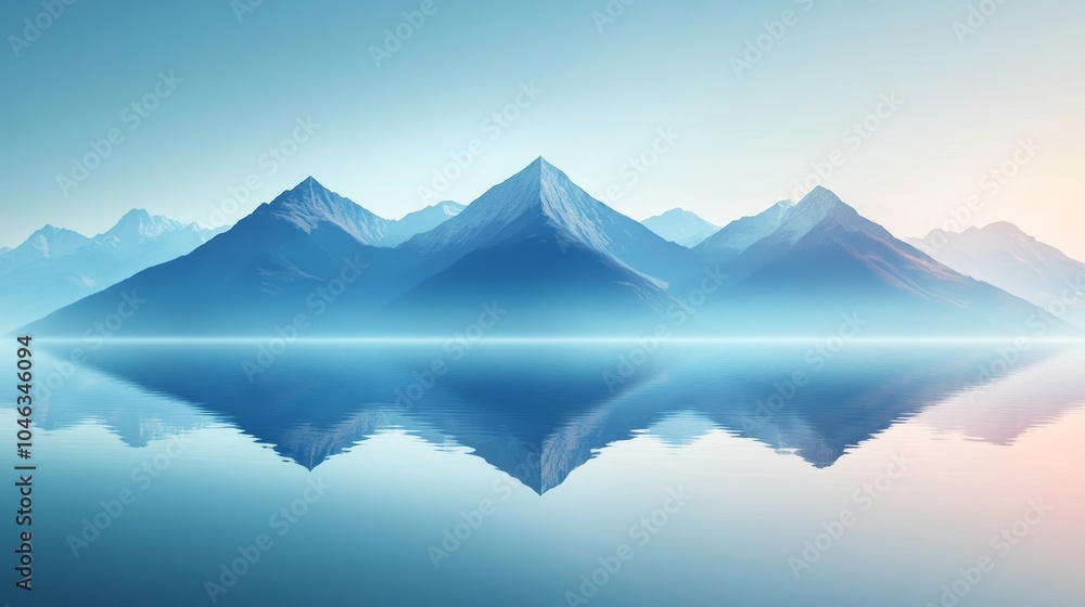 Fototapeta premium Majestic mountain range, a perfect geometric diamond floating above the water, reflecting into the lake, creating a surreal mirrored effect, glowing abstract light