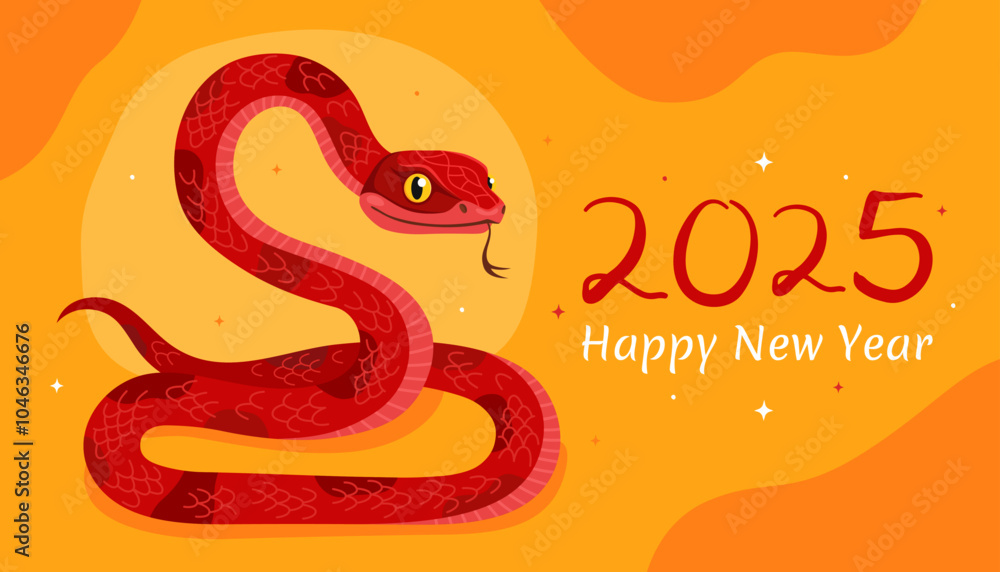Obraz premium Happy 2025 New Year of the Snake, Lunar New Year or Chinese New Year. Zodiac animal cartoon character. Greeting card or banner with cute red snake, yellow background.