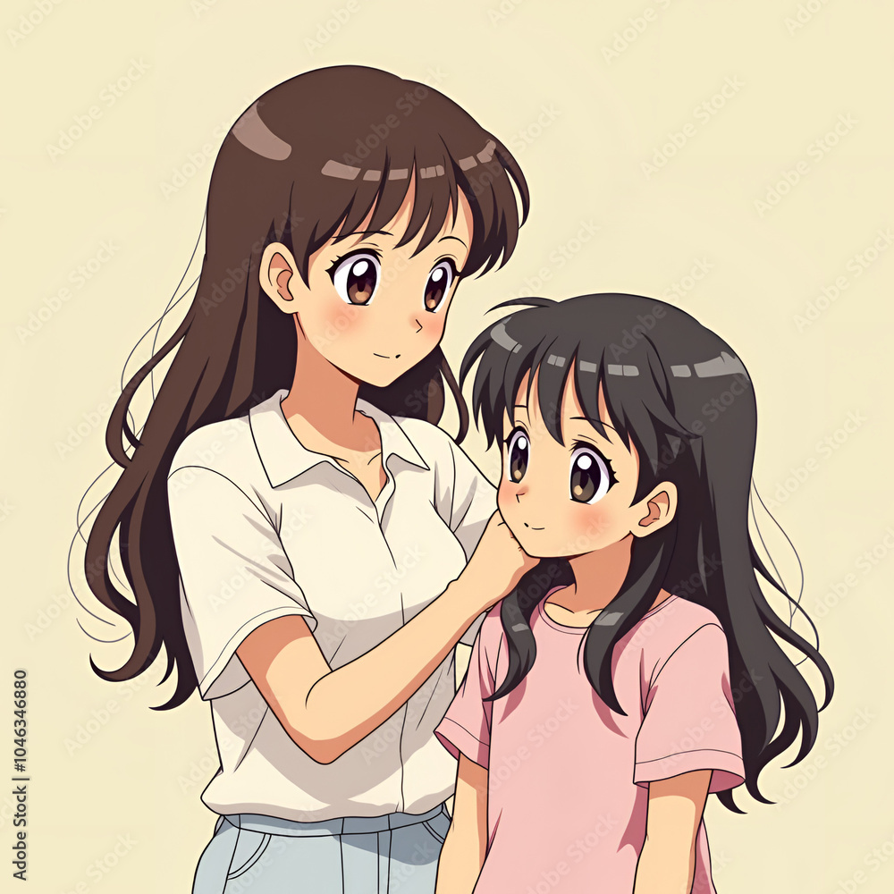 Affectionate mother with long hair gently touching her daughter's face in a light setting Affectionate mother with long hair gently touching her daughter's face in a light setting