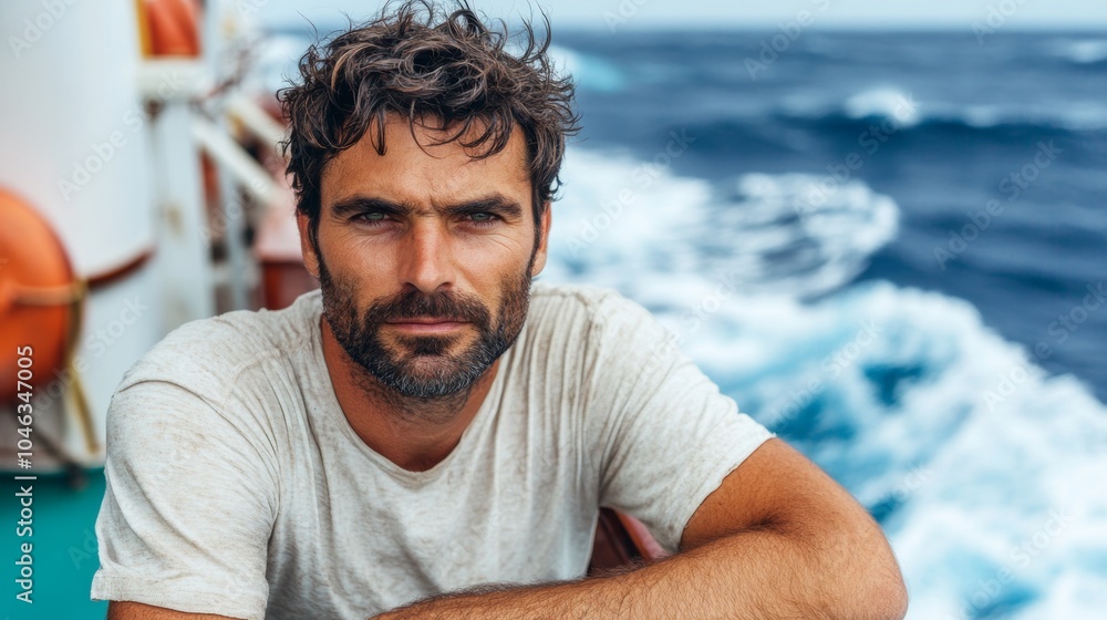 Fototapeta premium Handsome Man on a Boat Ocean View Seafarer Sailor Portrait Travel Adventure