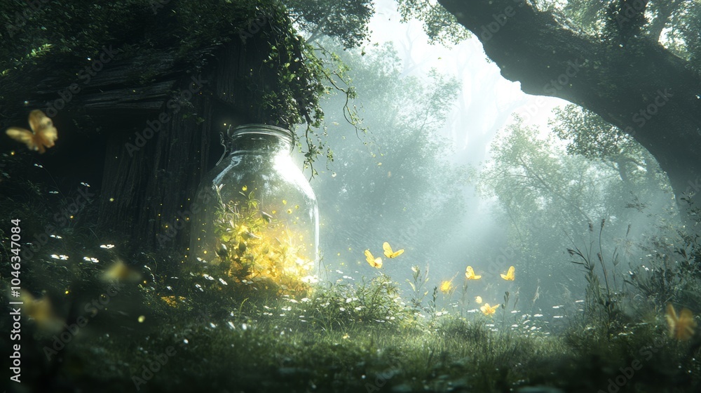 Enchanted Forest with Glowing Jar and Butterflies Enchanted Forest with Glowing Jar and Butterflies