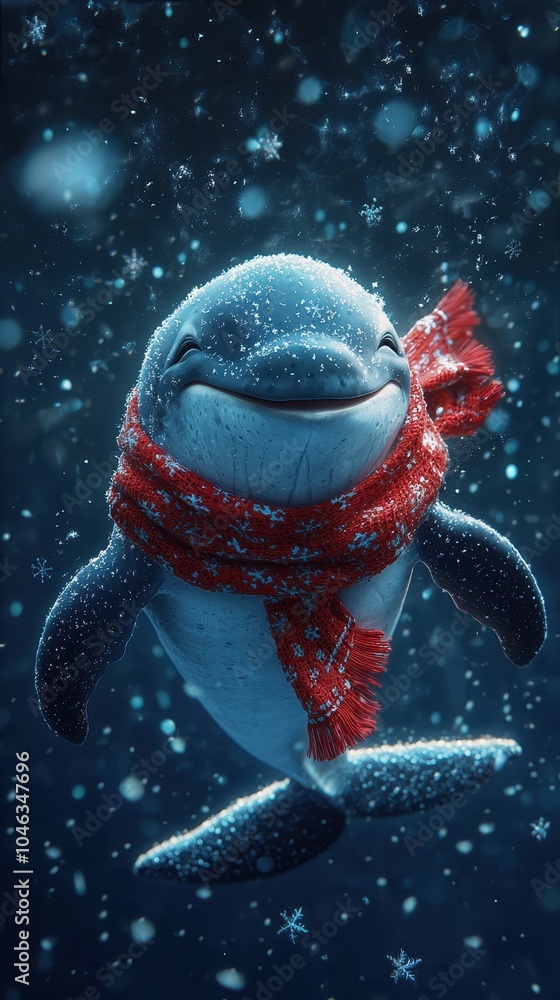 A cheerful dolphin wearing a red scarf, joyfully swimming in a snowy underwater scene, creating a whimsical and festive atmosphere. A cheerful dolphin wearing a red scarf, joyfully swimming in a snowy underwater scene, creating a whimsical and festive atmosphere.