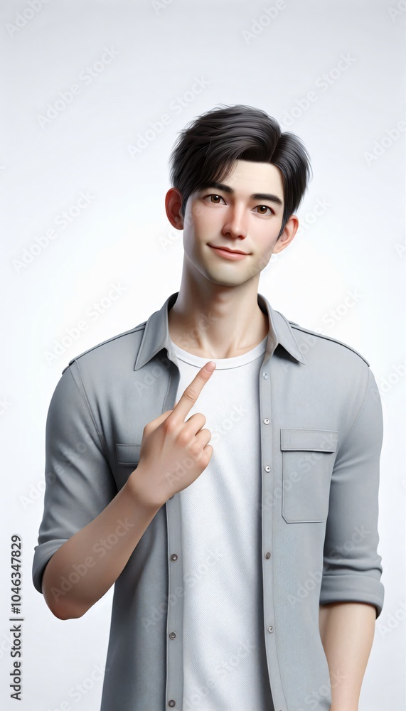 3D Character render handsome Asian man pointing finger up and little smile. 3D Character render handsome Asian man pointing finger up and little smile.
