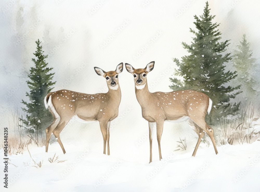 Fototapeta premium Watercolor Painting of Deer in Snowy Landscape with Evergreen Trees Generative AI