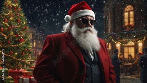 Old man with a long white beard wearing a red business suit and Christmas hat, ideal for santa or businessman themed holiday concepts. photo