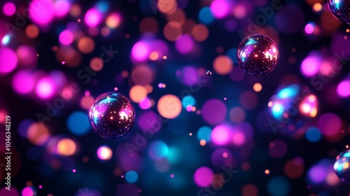 Metallic spheres of varying sizes floating in mid-air, emitting soft neon light, abstract composition with reflective surfaces, vibrant colors and holographic sheen, photorealistic, futuristic photo