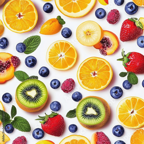 multiple fruits banana, papaya, orange ,berries , strawberry , kiwi , grapefruit on the plain white background 