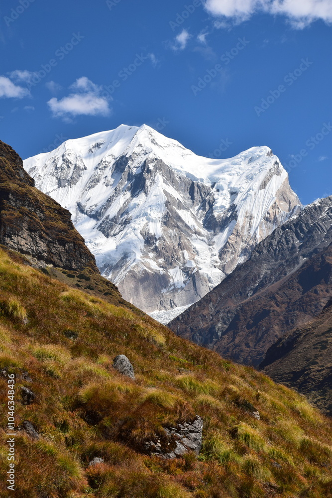 landscape different colour between mountains in the mountains. bright blue sky brown grass ,black rock and snow mountain at abc basecamp nepal. landscape different colour between mountains in the mountains. bright blue sky brown grass ,black rock and snow mountain at abc basecamp nepal.