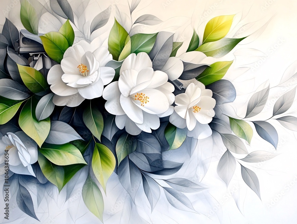 Obraz premium White Camellia Flowers with Green Leaves.