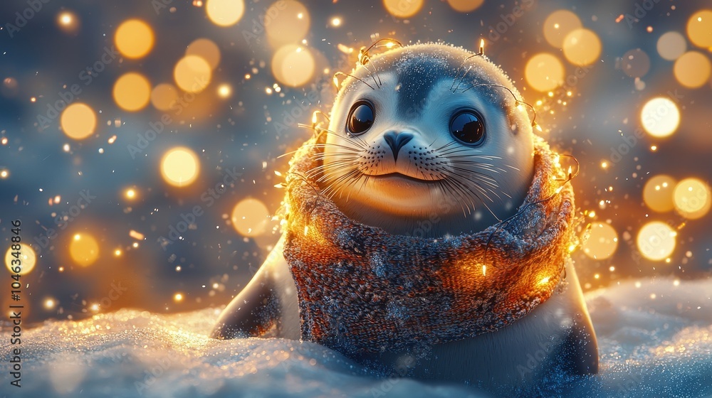 A cute seal adorned with glowing lights, perched on snow, surrounded by sparkling bokeh, creating a magical winter atmosphere. A cute seal adorned with glowing lights, perched on snow, surrounded by sparkling bokeh, creating a magical winter atmosphere.