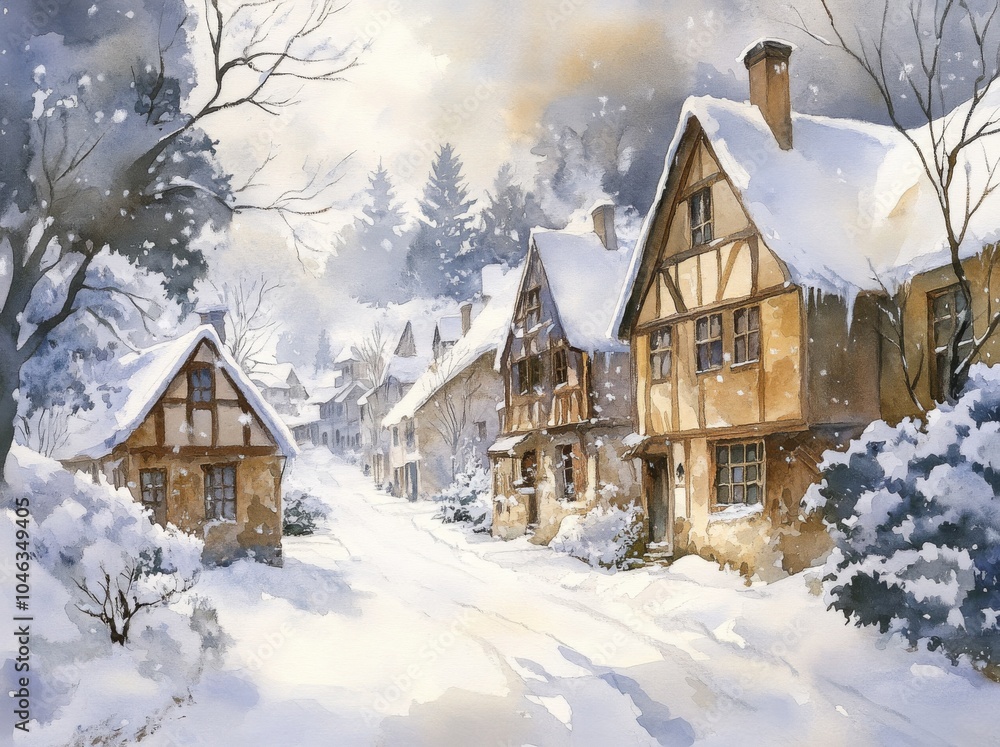 Fototapeta premium Watercolor Painting of a Snowy European Village for Winter Travel or Holiday Card Generative AI