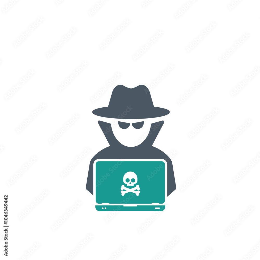 Fototapeta premium Hacker at laptop icon. Flat illustration of hacker at laptop vector icon for web design 