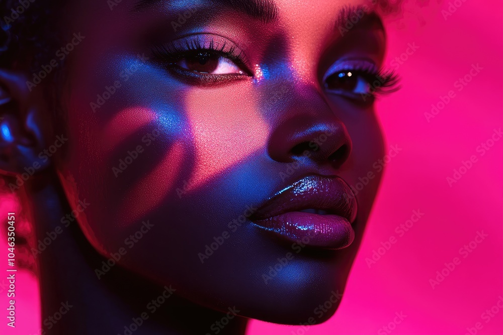Close-up Portrait of a Woman with Blue and Pink Lighting Close-up Portrait of a Woman with Blue and Pink Lighting