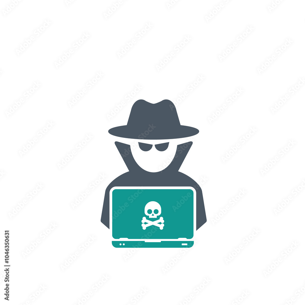 Fototapeta premium Hacker at laptop icon. Flat illustration of hacker at laptop vector icon for web design 