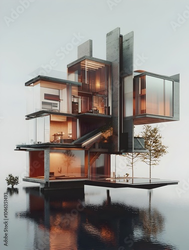 Captivating Architectural Masterpiece  A Striking Futuristic Structure with Geometric Dimensions and Reflective Surfaces photo