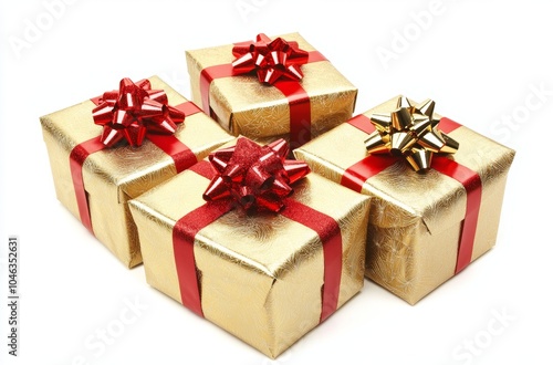 Three Christmas Gift Boxes Wrapped in Gold Paper with Red Ribbons on White Background Generative AI