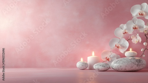 Calming Border Banner Featuring Elegant White Orchids, Smooth Polished Stones and Softly Glowing Candles for Relaxation and Wellness Generative AI