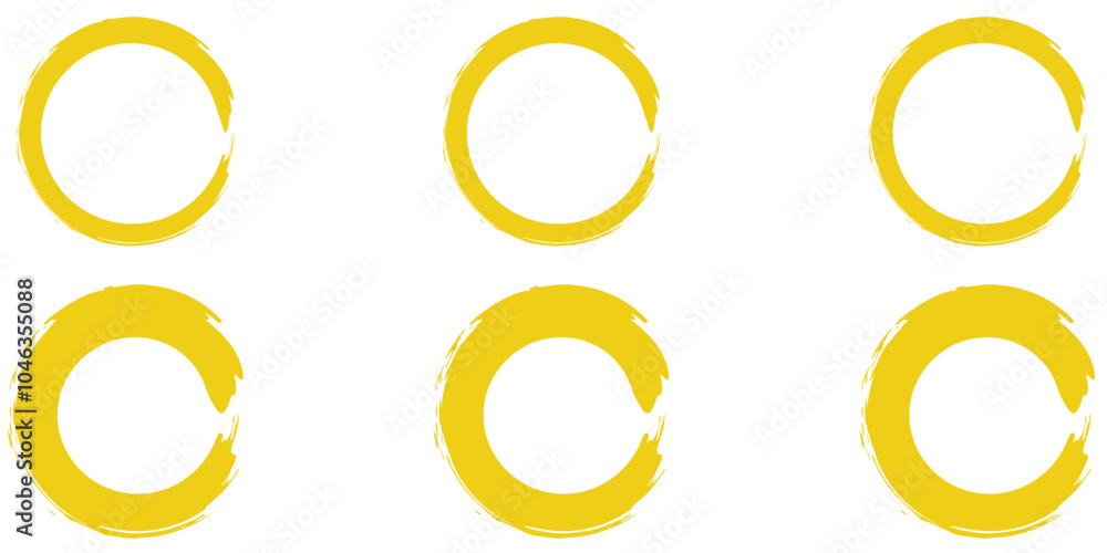 Grunge circles brush set. Yellow circle frames. Round line of yellow paint. Grunge round shapes. Circular ink brush stroke fro design elements. Vector illustration. Grunge circles brush set. Yellow circle frames. Round line of yellow paint. Grunge round shapes. Circular ink brush stroke fro design elements. Vector illustration.