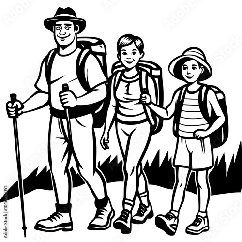 parent and children - Hiking Family silhouette vector