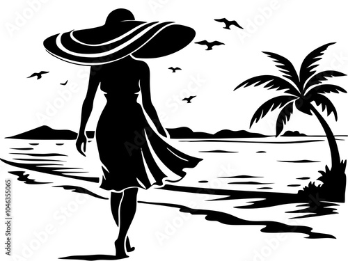 Woman in a Hat a beach silhouette vector