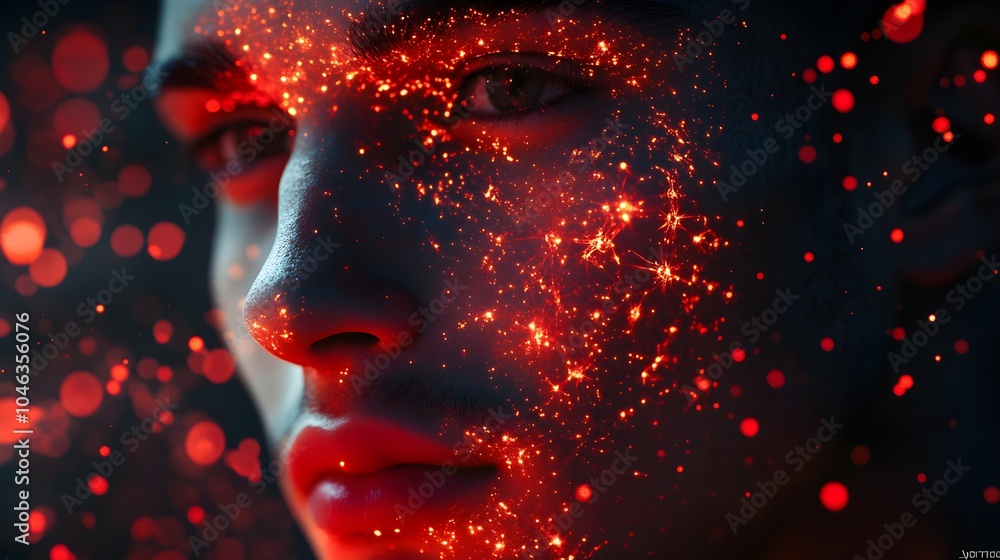 Close-up of man's face with red glowing neurons, sci-fi aura, digital particles floating, deep shadows, holographic effect, futuristic, red glow, neon lights, high detail Close-up of man's face with red glowing neurons, sci-fi aura, digital particles floating, deep shadows, holographic effect, futuristic, red glow, neon lights, high detail