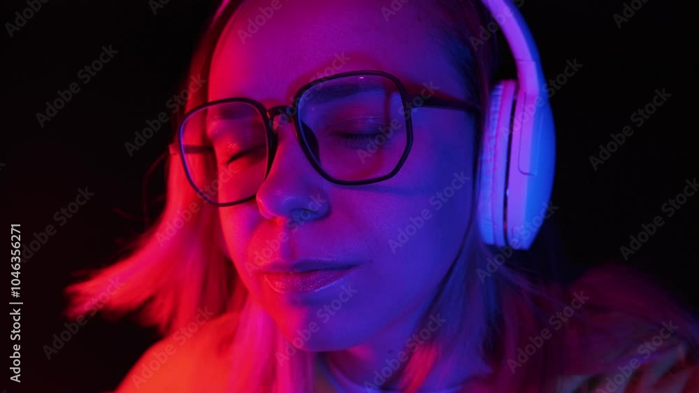 The woman closes her eyes, lost in the rhythm of music while wearing oversized headphones, surrounded by vibrant colored lights that create a captivating nightlife atmosphere. The woman closes her eyes, lost in the rhythm of music while wearing oversized headphones, surrounded by vibrant colored lights that create a captivating nightlife atmosphere.
