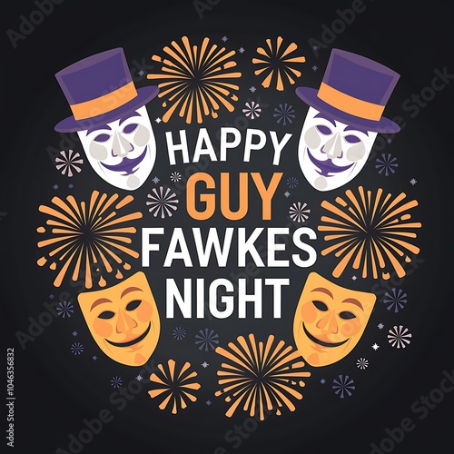 Happy Guy Fawkes Night Celebration with Masks and Fireworks photo