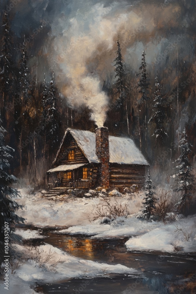 Cozy Winter Cabin Scene with Snow and Evergreens, Perfect for Holiday or Winter Vacation Promotions Generative AI Cozy Winter Cabin Scene with Snow and Evergreens, Perfect for Holiday or Winter Vacation Promotions Generative AI