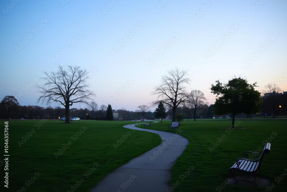 City Park at Dawn A quiet city park at dawn with empty benches a City Park at Dawn A quiet city park at dawn with empty benches a