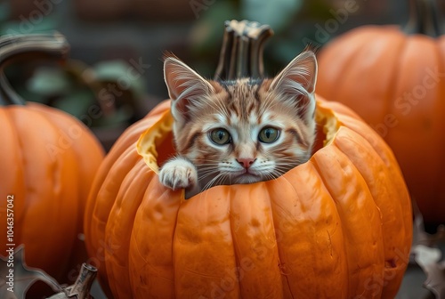 Cat Inside a Pumpkin A cat poking its head out of a carved pumpk photo