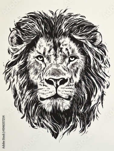 woodcut illustration of portrait of lion, on white background 