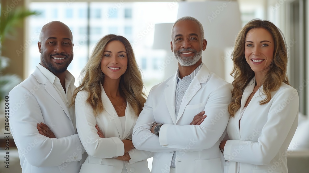 Fototapeta premium A diverse team of business professionals and medical workers standing together, arms crossed