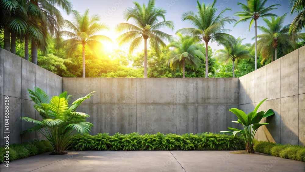 Empty exterior concrete wall with tropical style garden featuring sunlight and tropical trees, tropical, garden Empty exterior concrete wall with tropical style garden featuring sunlight and tropical trees, tropical, garden